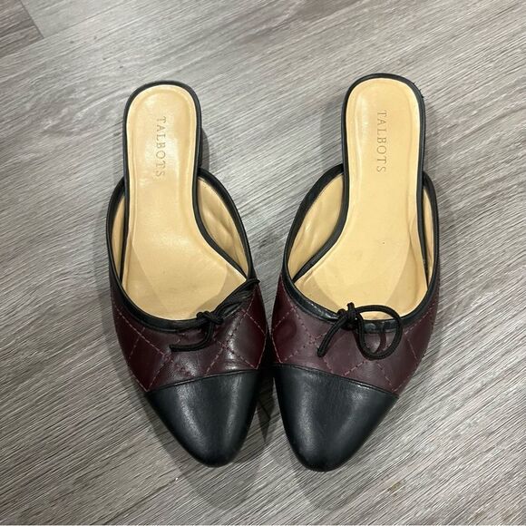 Talbots Leather Flats Mules Quilted Cap Toe Burgundy Black Ballet Flat - Picture 1 of 5